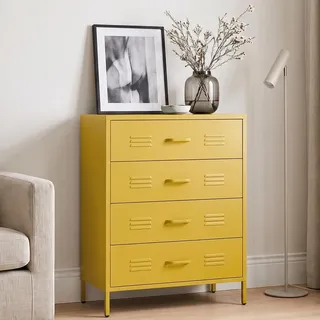 skølm Atria Kommode 100x80x40 cm, mit 4 Schubladen, Senfgelb, Metallschrank | Sideboard, Mehrzweckschrank Allzweckschrank, Aufbewahrungsschrank/Flurschrank/Schubladenschrank/Industrial Highboard Flur