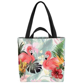 VOID Henkeltasche (1-tlg), Tropen Flamingos Flamingo Safari Zoo Vogel Blumen Palmen-Blätter Hawa bunt