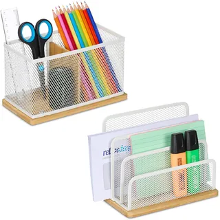 Relaxdays Schreibtisch Organizer Set 2-tlg. Metall Bambus Weiß/Natur 2 St.