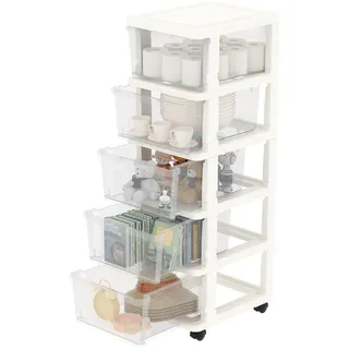 Cetomo Schubladenbox, Schubladenschrank, Aufbewahrungsturm mit Rollen, Kunststoff Schubladencontainer, Rollcontainer für Büro, Schlafzimmer, Wohnheim, Über DIN A4, Weiß & Transparent - 5 Schubladen