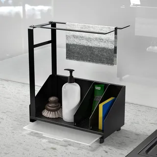 KYYLZ Spülbecken Organizer Schwarz Schmal Spülbecken Caddy Organizer Edelstahl,Spültuchhalter,Sink Organizer Hängend Wand mit Handtuchhalter,Abflusspfanne,Kleber für Küche&Badezimmer(25x20.5x8.5cm)