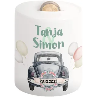 Hochzeitsgeschenke für Brautpaar - Hochzeits-Spardose mit Namen und Datum - Verpackung Just Married Hochzeit Geld-Geschenk Hochzeit personalisiert | Hochzeitstag Sparschwein | Auto Motiv (Käfer)