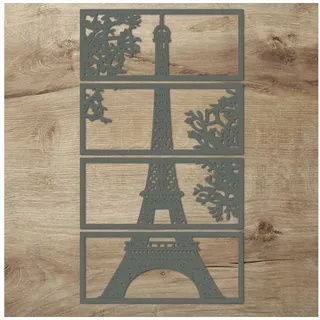 Namofactur Wanddekoobjekt XXL Eiffelturm Holz Wandbild Paris Wanddeko Wohnzimmer Schlafzimmer (6mm, 4-teilig), 3D-Wandtattoo Eiffelturm Paris gerahmt Wandgestaltung für dein Zuhause grau