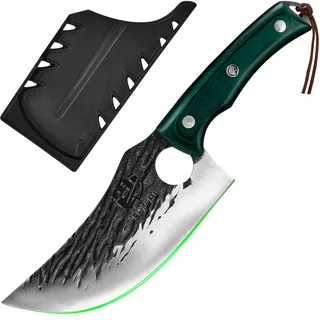 FULLHI Metzgermesser, Voll Tang serbischen Kochmesser hohen Kohlenstoffstahl Fleischbeil geschmiedet Küchenmesser für Outdoor, Camping, Geburtstag Geschenk (Grün, BBQ-Kochmesser)