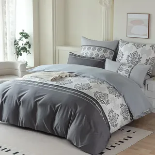 Nesture Bettwäsche 135x200 Grau, Bettwäsche-Sets mit Graues Muster Microfaser Bettbezug 135 x 200 cm 2 Teilig bügelfrei & weich - 1 Deckenbezug und 1 Kissenbezug 80x80 mit Reißverschluss
