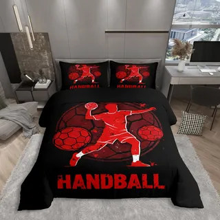 Homewish Handball Thema Mikrofaser Bettwäsche 135x200 Handballspieler Silhouette Spritzer Bettbezug Schwarz Rot Handball Sportler Motiv Bettwäsche Set Teenager Kinder Jungen Bettset Raumdekor