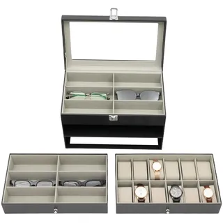 NaMaSyo Uhrenbox, Display Uhren- und Sonnenbrillen-Schmuckbox, 12 Uhrenbox-Schmucketui und 12 Slots Sonnenbrillen-Organizer, Brillenetui Uhren- und Sonnenbrillen-Box für Herren Damen