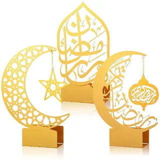 Photect 3 Stück Eid al-Adha Metall Ramadan Tisch Deko Stern Mond Mubarak | Islamische Tischschilder, Esstisch-Ornamente, Goldene Metall-Teelichthalter, Geschenk für Ramadan-Partys
