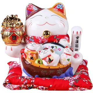 TONGMAN 17,8 cm weiße Keramik Maneki Neko Glückskatze Winkekatze, kunstvoll verziertes Porzellan für Geschäftseröffnung