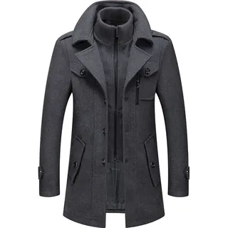 Herren Wintermantel, Slim Fit Zweiteiliger Mantel für Business und Freizeit, Wollmantel mit Stehkragen Peacoat und Warmer Integrierter Innenjacke,... - Grau - 3XL
