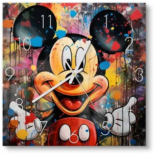 DEQOART Wanduhr 'Mickey im Farbenzauber' (Glas Glasuhr modern Wand Uhr Design Küchenuhr) bunt|rot|schwarz 30 cm x 30 cm