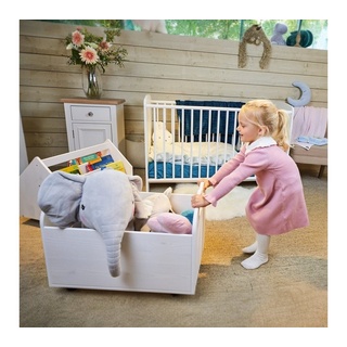 Alavya Home® Spielzeugtruhe BULLI Premiumqualität für Kinder (Kinderzimmerregal Spielzeugkiste), Spielzeug-Organizer mit 4 Rollen Aufbewahrungsregal aus Kiefernholz weiß
