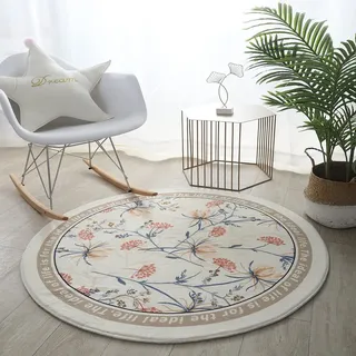 Teppich Rund - Kurzflor - Beige - Modern Blume Muste Vintage Design - Wohnteppich Schlafzimmer Dekoration, Rutschfeste Rund Kurzflor Küchenteppich und Balkon Teppich Waschbar,F,∅ 50cm