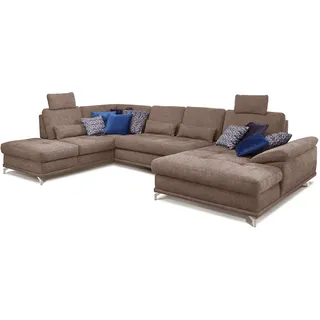 Cavadore Wohnlandschaft Castiel mit Federkern / Großes U-Form-Sofa mit Schlaffunktion, Sitztiefenverstellung und Kopfstützen / 368 x 114 x 232 / Webstoff, Hellbraun