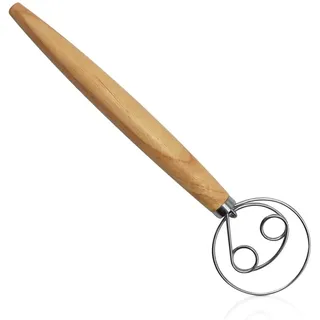 Dänischer Schneebesen - Dänischer Teigbesen Edelstahl Doppellöchern mit langem Holzgriff,Brot Teigmischer 13 Zoll,Holländischer Schneebesen Eierschläger für Brotteig,Sauerteig,zum schnellen Mischen