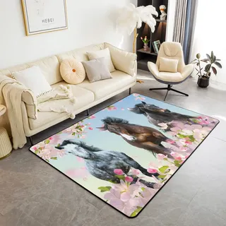 Loussiesd Pferd Wohnzimmerteppich 150x200cm Kirschblüten Galoppieren Pferd Wohnzimmer Teppiche für Schlafzimmer Home Decor Sakura Blume Teppich Ultra Weiche rutschfeste Innenbodenmatte