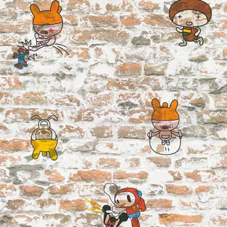 Bricoflor Steintapete für Kinderzimmer Urbane Tapete mit Graffiti Design Ideal für Jungenzimmer Papier Kindertapete in Steinoptik mit Comic Figuren