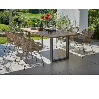 Sunfun Maja Gartenmöbel-Set  (8 -tlg., Schweizer-Kante/U-Gestell, Teak/Edelstahl/Stahl/PE-Geflecht, Teak/Grau/Braun)