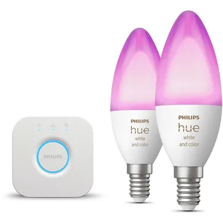 Philips Hue Starterpaket - E14 - mit 2 Kerzen LED Lampen - Weißes und Farbiges Licht - inkl. 1 Hue Bridge - Hue White and Color Ambiance
