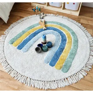 Herfair Teppich Rund, Regenbogen Kinderteppich Mädchen Weiche Boho Kinderzimmerteppich Babymatte rutschfest für Schlafzimmer Kinderzimmer (Blau,100cm)