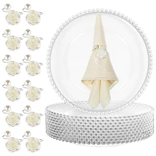 Tioncy 12 transparente Platzteller mit Serviettenringen, 33 cm, Kunststoff, runde Platzteller mit Perlenrand, Esstischdekoration für Weihnachten, Urlaub, Party, Hochzeit, Tischdekoration (Rose, Silber