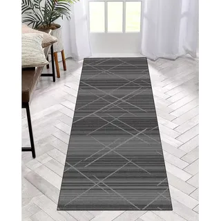 Läufer Teppich Lang Flur rutschfest Waschbar 90X160CM Küche Korridor TeppichLäufer für Flur Schwarz Grau Schlafzimmer Wohnzimmer Polyester Teppichmatte Dauerhaft, Anpassbar Küchenteppich Meterware