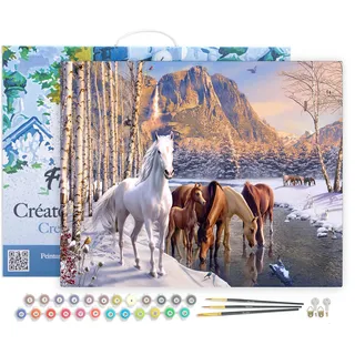 Figured'Art Malen Nach Zahlen Erwachsene Mit Rahmen Pferde im Winter - Paint by Numbers Basteln DIY Bastelset 40x50cm Leinwand gespannt auf Holzrahmen