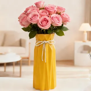 Disoza Vasen Tischdeko Keramik Modern Vase Vintage Gelb Vase für Pampasgras Blumen Trockenblumen Gelb Blumenvase Vasen für Hochzeit Porzelan Tulpenvase Küche Büro Wohnzimmer 24x10x10cm