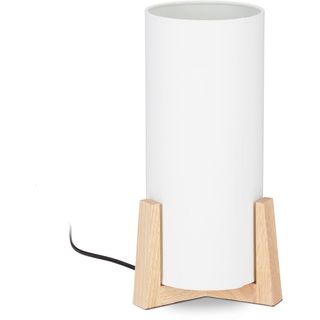 Relaxdays Tischlampe Holzfuß, runder Lampenschirm, modernes Design, E14, Nachttischlampe, HxD: 33 x 15 cm, weiß/natur