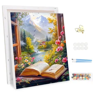 MEIYUDA Malen Nach Zahlen Erwachsene mit Rahmen Fenster-Ansicht, DIY Digitales Ölgemälde-Set auf Leinwand mit Pinseln und Acrylpigment Bastelset, Artwork für Heimdekoration Geschenk 30x40cm