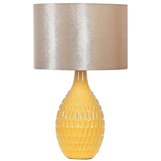BELIANI Tischlampe Gelb / Gold 54 cm geprägt Keramiksockel Kabel mit Schalter glänzender Lampenschirm Stoff Schlafzimmer Wohnzimmer Retro