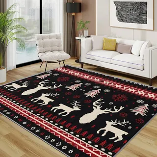 TerroVee Rentier Teppich Waschbar, Weihnachtsbaum Schneeflocke Teppich 80x150 cm, Weihnachts Schneeflocken rutschfest Waschbar Pflegeleicht Teppiche Für Schlafzimmer Küche, Schwarz Rot Weiß