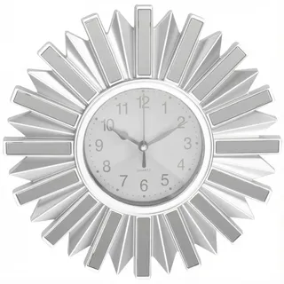 MIJOMA Wanduhr Silber Ø 25 cm rund modern mit Spiegelelementen geräuscharm Quarz Wohnzimmer Schlafzimmer Deko Uhr batteriebetrieben Design-Wanduhr (Sunray Klassik)
