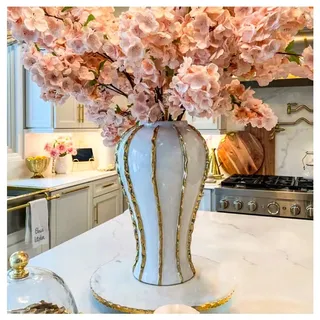 Weiße Moderne Bodenvase, weiße keramische Blumenvase mit Goldrand, Moderne dekorative Vase handgefertigt für Hochzeiten, Haus, Büro, Tisch, Mantel Kamin (46cm) (Size : 46cm(Without lid))