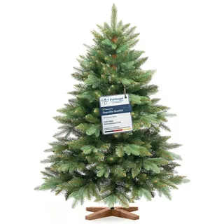 Fairytrees Künstlicher Weihnachtsbaum FT29, Nordmanntanne Premium, mit braunem Stamm und Echtholz Baumständer grün 120 cm