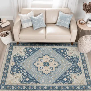 HiChiclife Teppich Wohnzimmer 120x170 Blau – Waschbar & rutschfest, Orientalischer Vintage Teppich für Esszimmer & Wohnbereich, Pflegeleicht Kurzflor