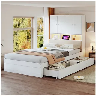 Celya Holzbett Einzelbett, Jugendbett, 90 x 200 cm, Kopfteil mit Stauraum (ohne Matratze, mit LED-Beleuchtung, Steckdose, Schubladen), mit gepolsterter Rückenlehne, Ablagefächern und Lattenrost weiß