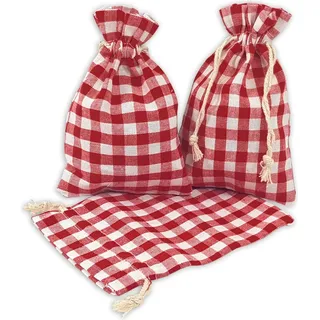 Frau WUNDERVoll® 12 Geschenksäckchen rot/weiß kariert 15 x 10 cm Baumwolle Adventskalender Säckchen Stoffbeutel zum Basteln und befüllen Gastgeschenk Hochzeit