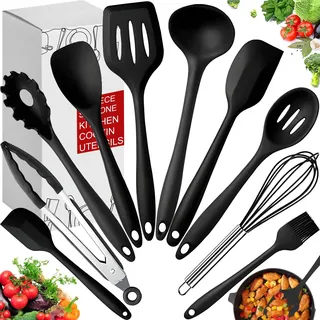 Retoo Silikon Küchenhelfer Set 10-teilig, hitzebeständig bis 200°C | BPA-frei, lebensmittelechtes Silikon und ABS, antihaftschonend, -40 bis 200°C, Aufbewahrungsbox, schwarz