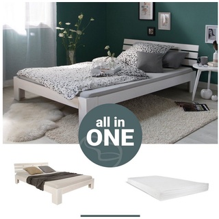 Homestyle4u Holzbett Doppelbett mit Matratze Lattenrost 140x200 cm Bett weiß