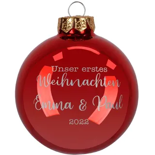 Herz & Heim® Weihnachtskugel aus Glas mit persönlicher Gravur/Rot oder Weiß/Matt oder Hochglanz/Ø 8 oder 10 cm/Verschiedene Motive Ø 10 cm, Rot Hochglanz, Unser erstes Weihnachten