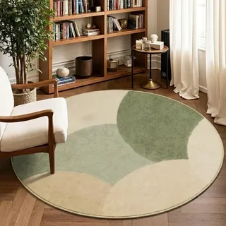 Runder Teppich Grün, Modern Halbkreis Design, Waschbar Antirutsch | 120 cm Kurzflor Teppich Wohnzimmer, Schlafzimmer, Bettvorleger, Weich, Rutschfest, Waschbarer Rund Grüner & Beige Teppich