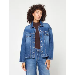 Jeansjacke GANG "94ZORA JACKET", Damen, Gr. XXL, blau (rough midblau), Denim/Jeans, Obermaterial: 100% Baumwolle, Destroyed-Effekte, oversize hüftbedeckend, abgesteppte Kante, Jacken Jeansjacke, im Oversize Fit, Destroyed-Effekte
