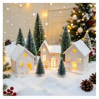 3 Stück Weihnachtsdorf Holz Weihnachtshäuser LED mit 4 Weihnachtsbäume | Beleuchtete Weihnachtshäuser aus Holz, Weihnachtsstadt Deko, Winterdorf mit Licht, schafft gemütliche Weihnachtsatmosphäre
