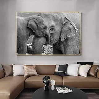 MHLCMG Leinwand Malerei Schwarz Weiß Elefant Und Baby Elefant Bilder Wandkunst Tiere Poster Kunstdruck Bild Wand Wohnzimmer Schlafzimmer Dekor Kein Rahmen (50X70CM)