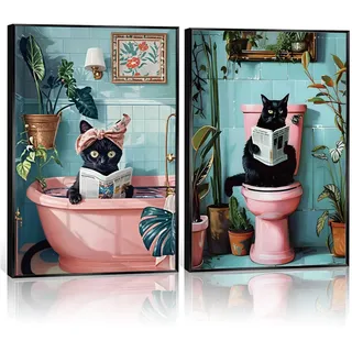 2 Stück niedliche schwarze Katze Badezimmer Wandkunst lustige Katze liest Zeitung Gemälde Bilder Wanddekoration rosa Tier Pflanze Poster Drucke für Badezimmer WC Dekorationen ungerahmt 30,5 x 40,6 cm