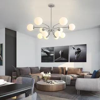 LYSDjia Sputnik Pendelleuchte 12-flammig Mid Century Metallkronleuchter für Esszimmer Kücheninsel moderner Kugel-Kronleuchter Deckenleuchte für Wohnzimmer Eingangsbereich Foyer Hängeleuchte(Chrome)