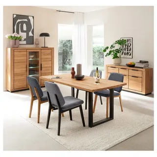 Lomadox Esszimmer-Set GIUSTINO-06, (Spar-Set, 3-St., Highboard Sideboard Tisch), Eiche teilmassiv geölt, Massivholzfronten, LED-Beleuchtung braun