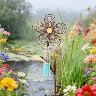 JAZUIHA Regenmesser für Garten frostsicher 110 cm Hoch, Dekorativer Niederschlagsmesser aus Glas mit Metall Blumenstecker, Gartendeko in Rostoptik mit Erdspieß