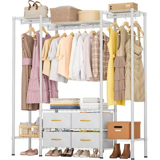 Kleiderständer Metall Schwerlast,Offener Kleiderschrank mit 3 Kleiderstangen & 4 Schubladen,Höhenverstellbare Ablagen,Garderobenständer Stabil für Schlafzimmer,Wäscheraum, Balkon 154x40x180 cm Weiß